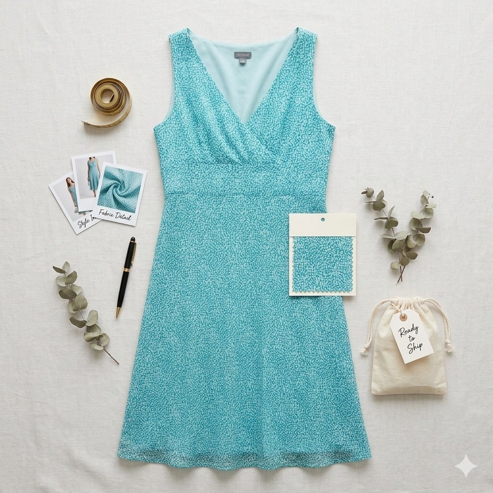 Ann Taylor Light Aqua Printed V-Neck Midi Dress